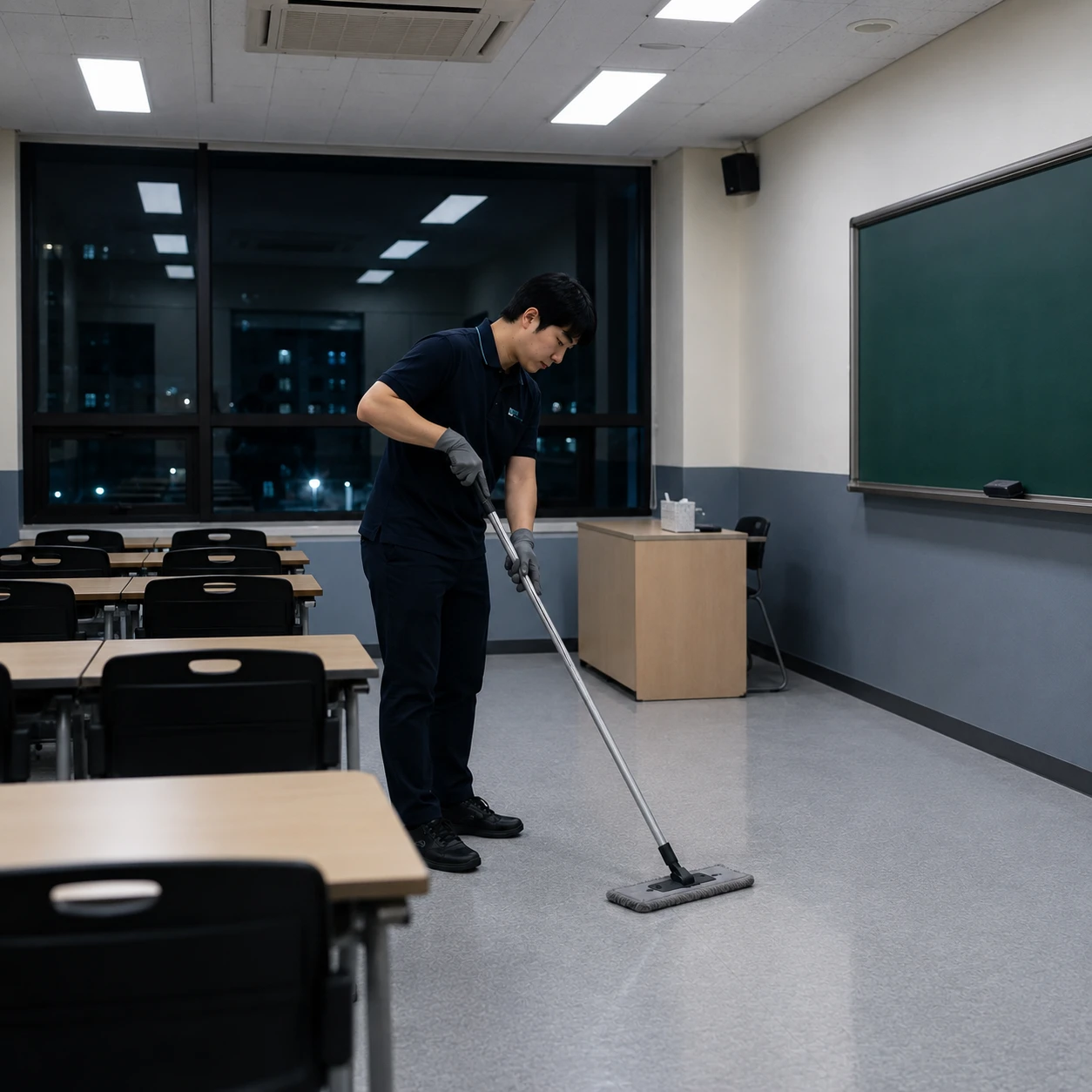 중랑구 정기청소 - 교실 책상과 복도, 화물 적재용 사각지대의 분진 가루를 꼼꼼히 닦아내는 펠트 크리닝